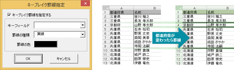 キャプション：データに応じて柔軟に罫線を引く「キーブレイク罫線指定」