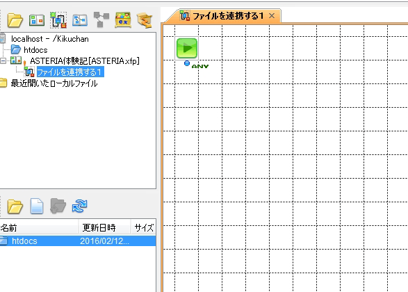 新プロジェクト「ASTERIA Warp体験記」が作成、ワークスペースには「ファイルを連携する１」が開く