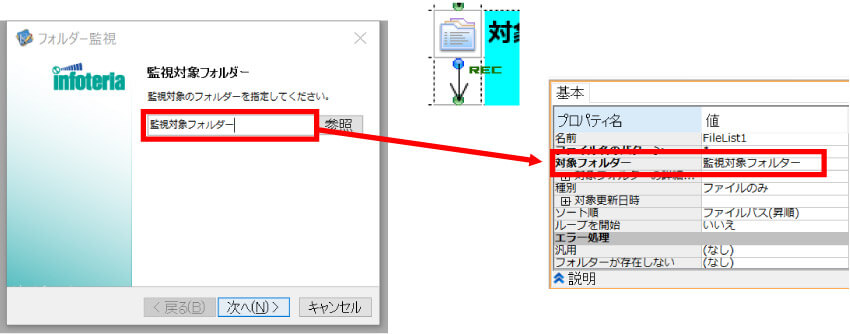 「対象フォルダー」の値が入力に応じて変化