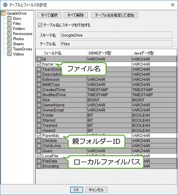 テーブルとフィールドの設定