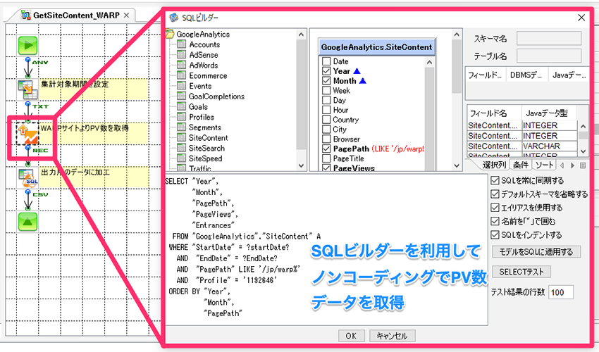 SQLビルダーを利用してノーコードでPV数データを取得