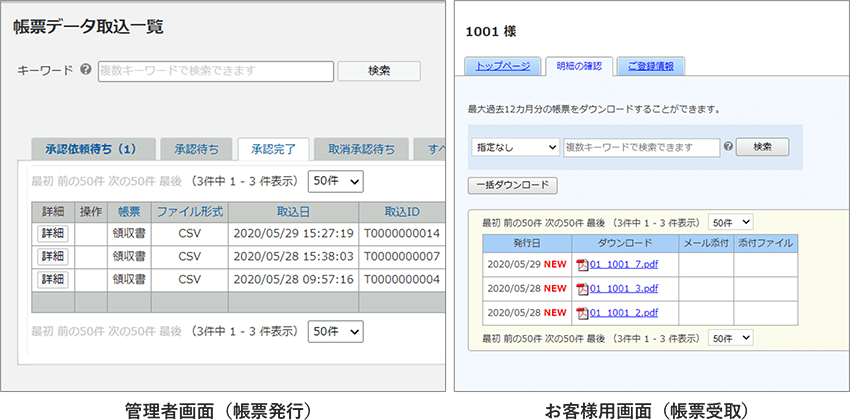 管理者画面（帳票発行）、お客様画面（帳票受取）