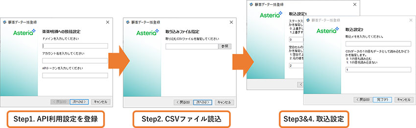 API利用設定を登録、CSVファイル読込、取込設定