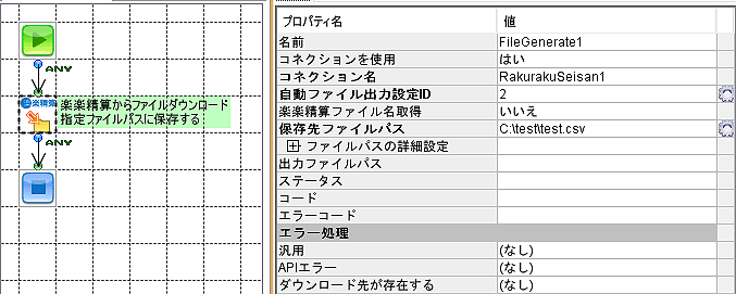 生成されたフロー図と、FileGenerateコンポーネントのプロパティ